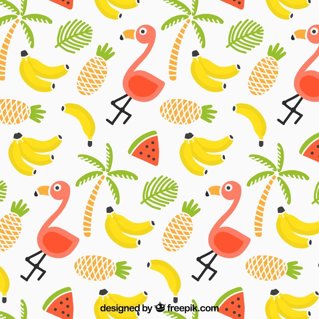Tropical summer pattern with flamingos and fruits