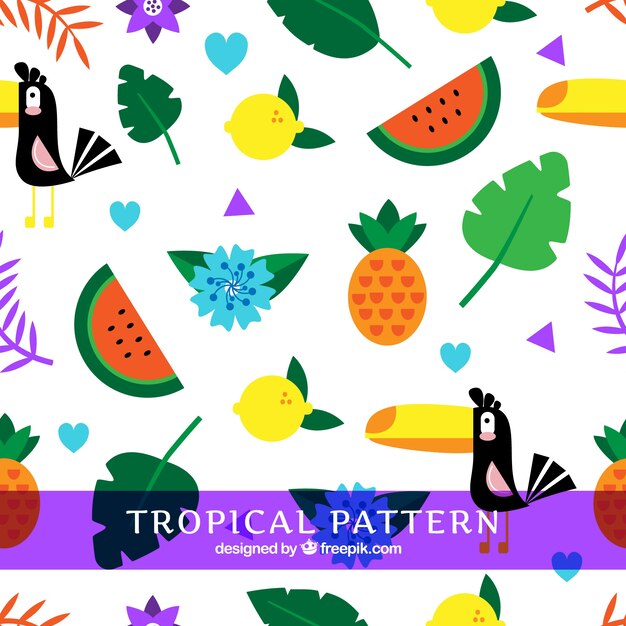 Tropical summer pattern with fruits and birds