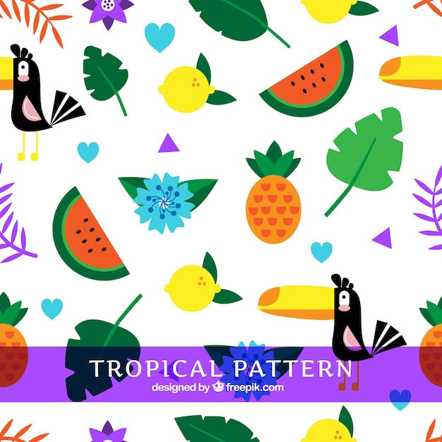 Tropical summer pattern with fruits and birds