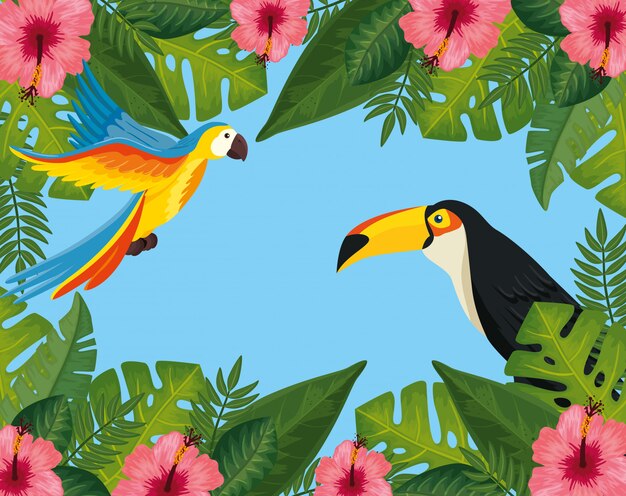 тропическая летняя распродажа с рамкой из цветов и экзотики животных