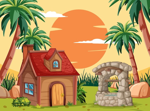 Free vector tropical sunset and cozy cottage scene