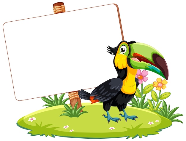 Vettore gratuito toucan tropicale con cartello vuoto