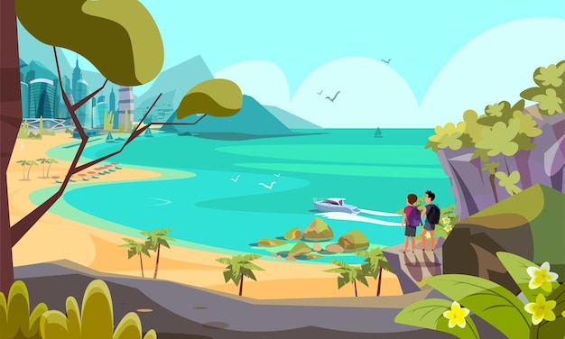 無料ベクター 崖の漫画のキャラクターの上に立っている熱帯の休暇のバックパッカー観光客ビーチを監督する若い友人アクティブな屋外レクリエーションバックパッキングハイキング趣味