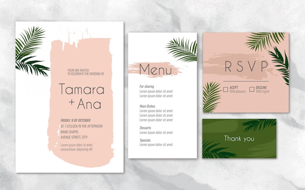 Free vector tropical wedding stationery in peach color