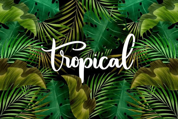 Tropical word lettering and leaves