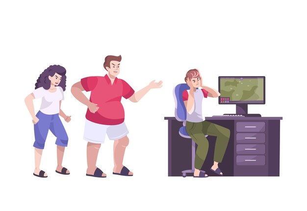 Free vector troubled teens flat composition with angry parents shouting at gaming son at computer