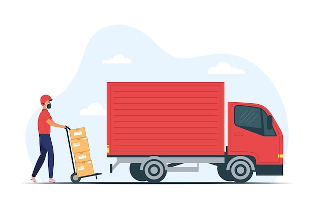 Truck and delivery service worker wearing medical mask with boxes in cart illustration design