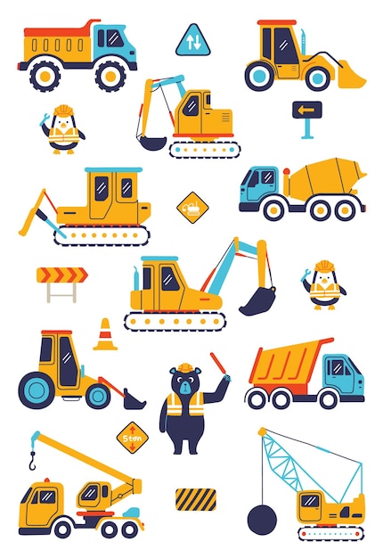 Free vector truck excavator bulldozer backhoe heavy machinery vehicle traffic toy for children illustration