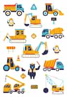 Free vector truck excavator bulldozer backhoe heavy machinery vehicle traffic toy for children illustration