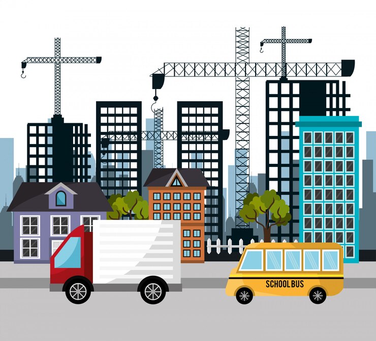 Free Vector truck school bus crane city building