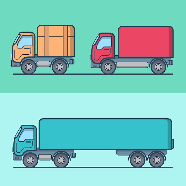 Truck van road transport set. linear stroke outline    icons. color outlined icon collection.