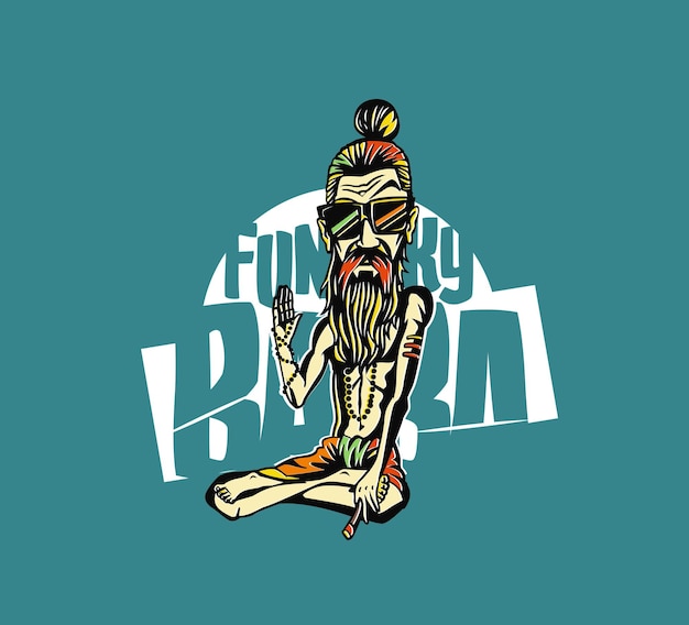 Бесплатное векторное изображение Дизайн футболки funky baba yogi, держащий косяк или векторную иллюстрацию сигареты