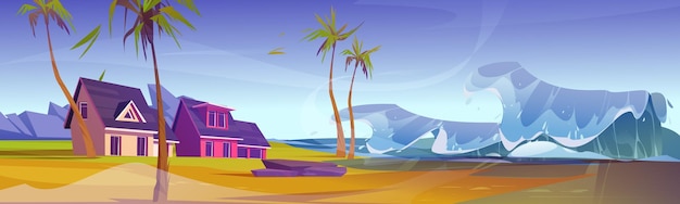 Волна цунами на тропическом пляже с коттеджами и пальмами, стихийное бедствие, наводнение во время шторма, концепция изменения климата. Огромная океанская волна, плещущаяся и бушующая. Векторная иллюстрация мультфильма.