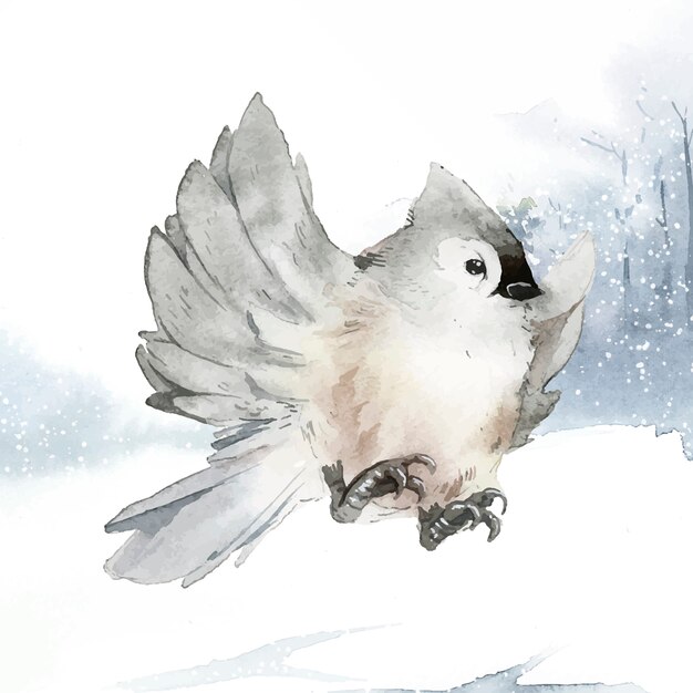 Туфтовая птица-синица в зимнем акварельном векторе