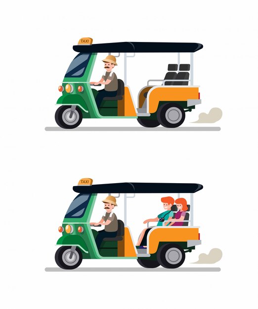 Premium Vector Tuk Tuk Rickshaw Traditional Transportation From Thailand With Driver And Tourist Couple Icon Set Cartoon Flat Vector Illustration