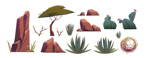 Бесплатное векторное изображение Перекати, кактусы и камни песчаной пустыни в африке