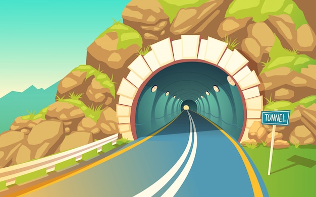Бесплатное векторное изображение Туннель, шоссе. серый асфальт с дорожной разметкой