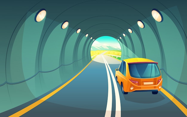 Free vector tunnel with car, highway for vehicle. grey asphalt with lighting in underground