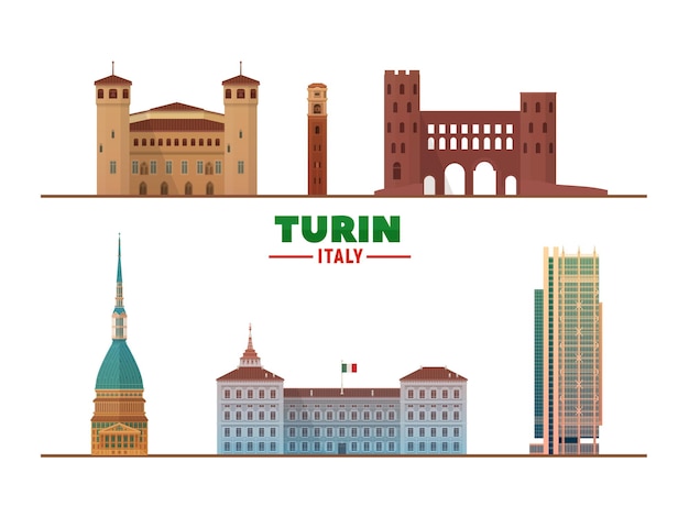 Знаменитые достопримечательности Турина, Италия, на белом фоне Векторная иллюстрация Концепция деловых поездок и туризма с современными зданиями Изображение для баннера или веб-сайта