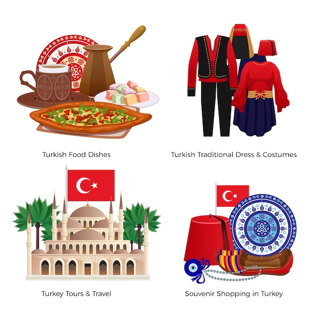 Набор иконок концепции туризма турции с едой и торговыми символами плоской изолированной иллюстрацией