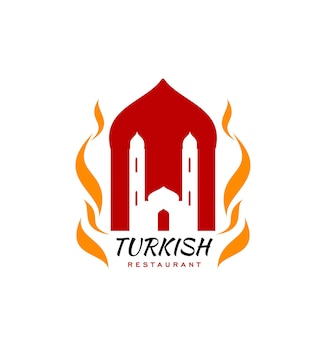 トルコ料理レストランのアイコンケバブやドネルケバブ、ベクトル記号の熱い炎。伝統的なトルコのモスクとグリルの炎を調理する食品料理のトルコ料理カフェまたはダイニングハウスのエンブレム