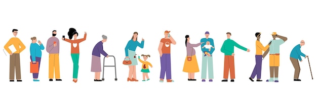 Turn people set with isolated flat characters waiting for their turn in queue on blank background vector illustration