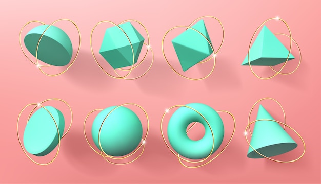 Turquoise 3d geometric shapes with golden rings