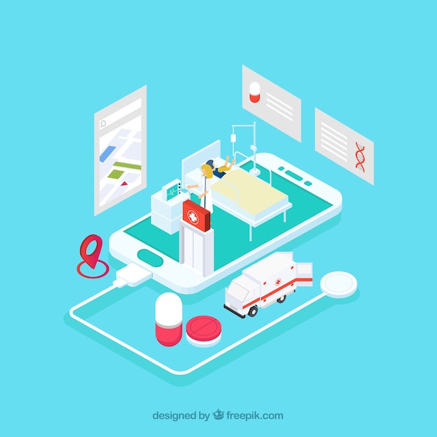 Turquoise isometric online doctor concept with smartphone