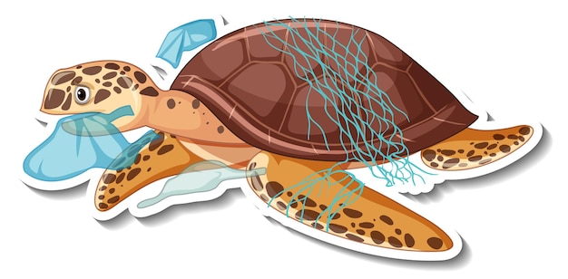 Turtle stuck with plastic trash cartoon sticker