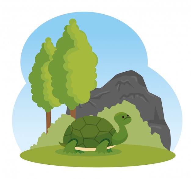 Черепаха дикое животное с деревьями и кустарниками