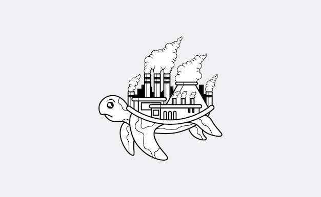 Черепаха с загрязненной фабрикой на обратной стороне