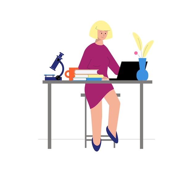 Free vector tutoring flat illustration with female character having online science lesson with books and microscope