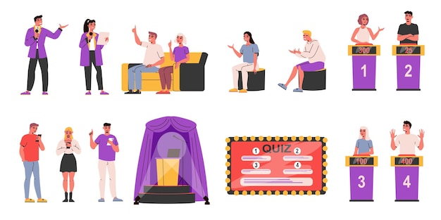 Tv quiz icon set players and presenters task cards stage and pedestals for participants vector illustration