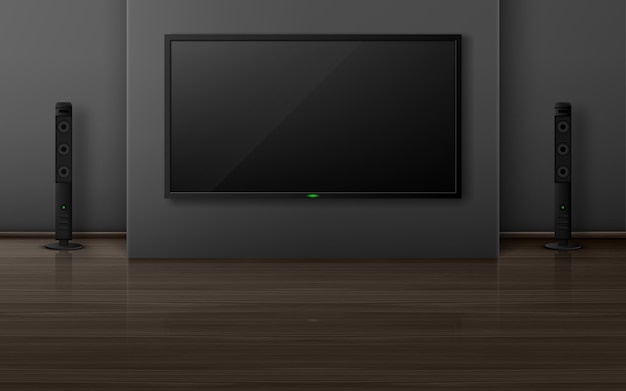 Televisore con dinamiche nell'interno del soggiorno, sistema home theater con televisione a parete, appartamento vuoto con pavimento in legno. visualizzazione del design dell'appartamento, illustrazione 3d realistica