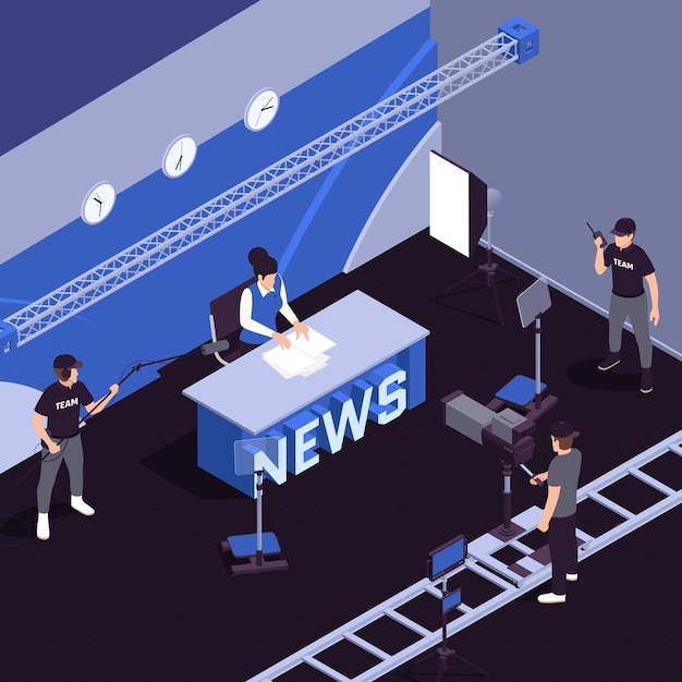 Tv show isometric with breaking news symbols illustration