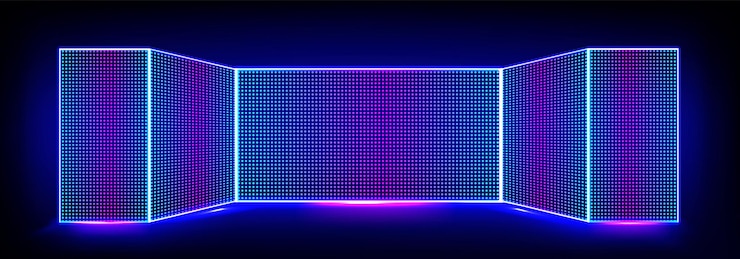 Free Vector tv show led screen stage and lcd wall background light panel concave monitor digital texture with dot pattern and scene curved cinema glittering diode pixel technology vector backdrop illustration