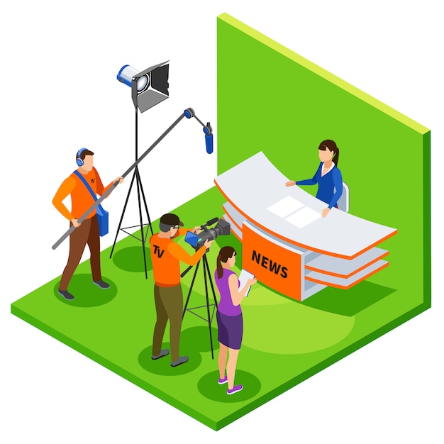 Free vector tv studio live news in isometric with shooting crew editor and announcer talking about latest events vector illustration