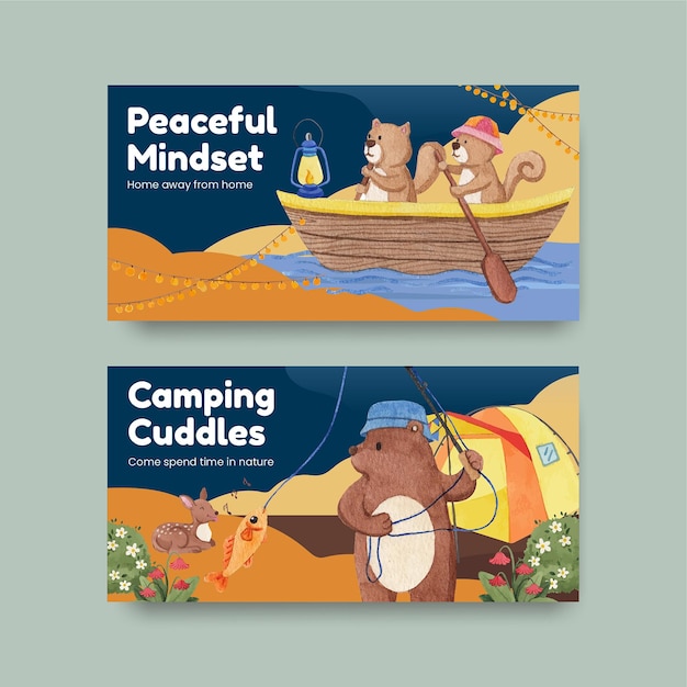 Modello di tweet con concetto di campeggio estivo per animali in stile acquerello