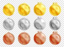 Бесплатное векторное изображение Двенадцать круглых золотых серебряных и бронзовых реалистичных медальонов макет на прозрачном фоне изолированные векторные иллюстрации