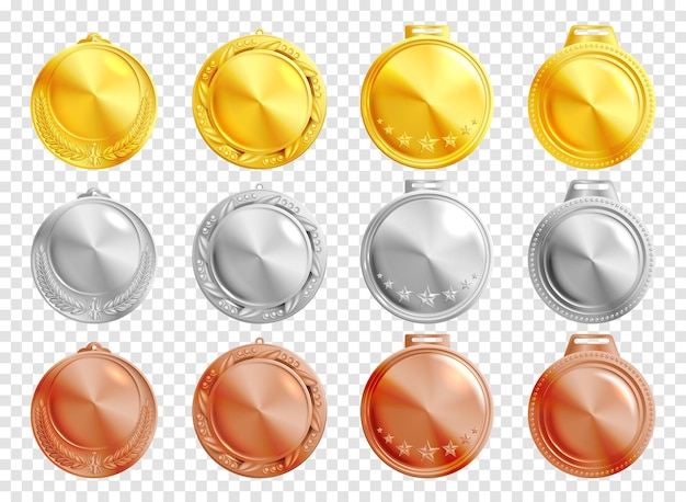 Twelve round golden silver and bronze realistic medallions mockup on transparent background isolated vector illustration