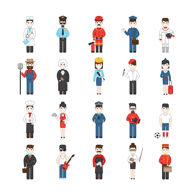 Free vector twenty cartoon characters of different professions