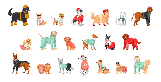 無料ベクター 服を着た異なる犬種の20の漫画のカラーキャラクター フラットセット 孤立したベクトルイラスト