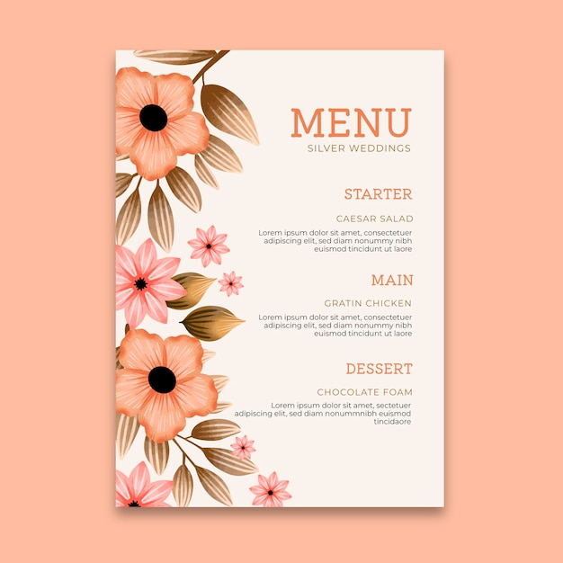 Twenty-fifth wedding anniversary vertical menu template