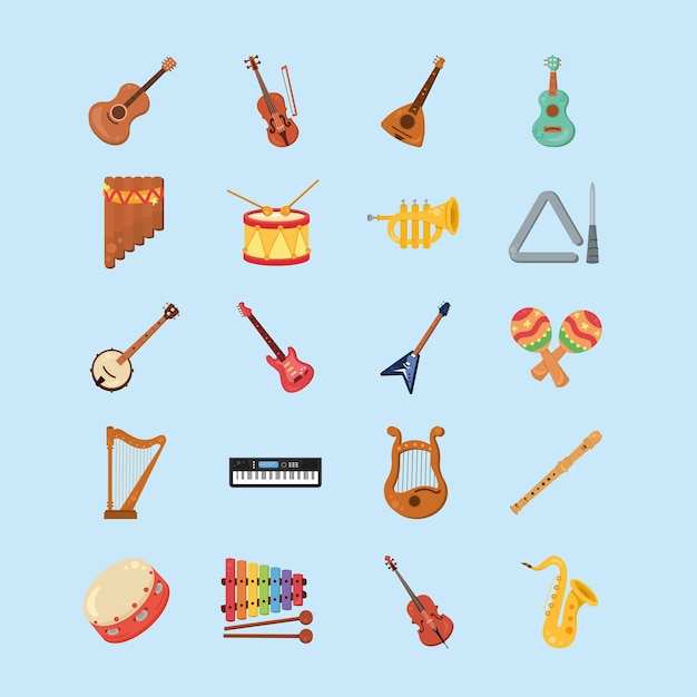 Free vector twenty musical instruments set icons