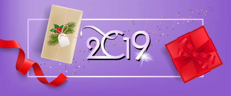 Free Vector twenty nineteen banner design. gift boxes