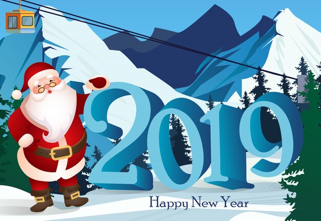 Twenty nineteen lettering and ski resort with Santa Claus