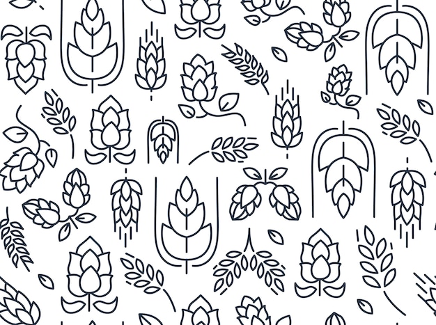 맥아의 이미지를 반복하는 나뭇 가지 홉 원활한 패턴과 흰색에 손 그리기 잎