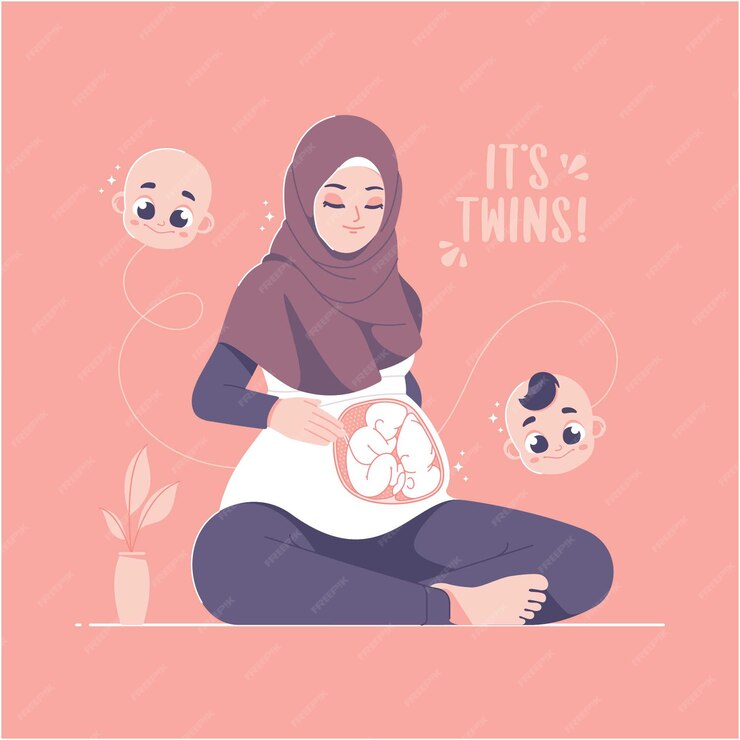  Twin babies and pregnancy hijab girl concept illustration Premium Vector