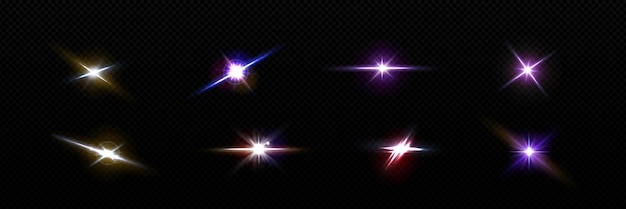 Бесплатное векторное изображение Мигания и вспышки с светящимся эффектом на черном фоне реалистичный векторный набор светящейся звездной вспышки или яркого отблеска и рефлекса объектива камеры