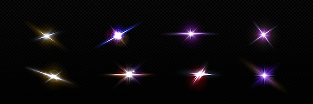 Scintille e brillamenti con effetto luminoso su sfondo nero set vettoriale realistico di flash stellare luminoso o abbagliamento e riflesso luminoso dell'obiettivo della fotocamera scintilla di esplosione stellare con scintilla e fascio di radianza